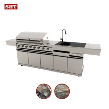 Outdoor Kitchen Sink Cabinet 8 Burners Gas BBQ Grill with Rotisserie