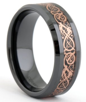 Anillo de dragón de cerámica con incrustación de oro rosa: joyas de compromiso de cerámica negra de 8 mm para hombres y mujeres