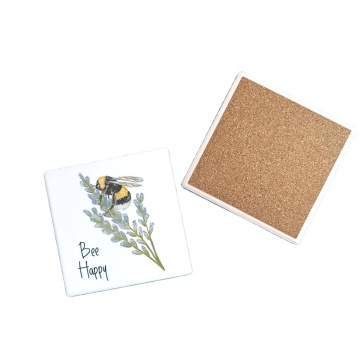Hand-Painted Bee on Lavender Ceramic Coaster - Bee Happy Design
