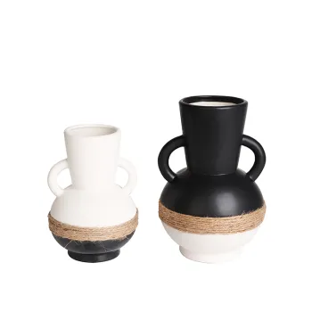 K&B China Round Tall Ceramic Vase with Natural Hemp Rope Binaural Handles - Wedding Centerpiece Decoration