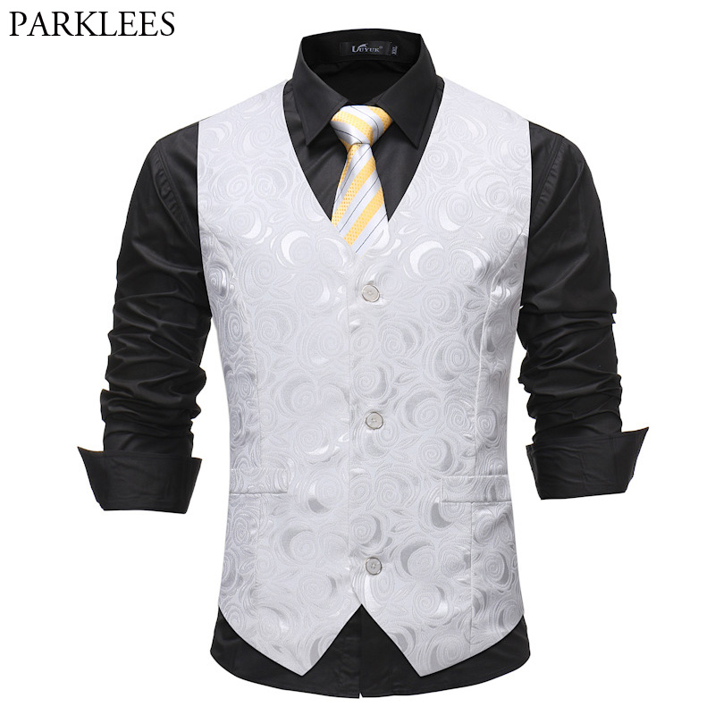 Mens Gentleman White Single Breasted Suit Vest 2018 Fashion Rose Printed Wedding Dress Vest Tuxedo Waistcoat for Business Man