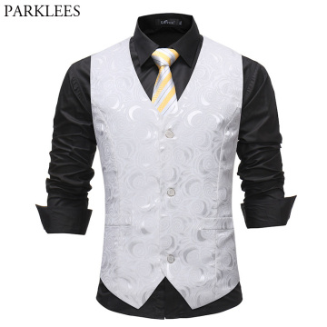 Mens Gentleman White Single Breasted Suit Vest 2018 Fashion Rose Printed Wedding Dress Vest Tuxedo Waistcoat for Business Man