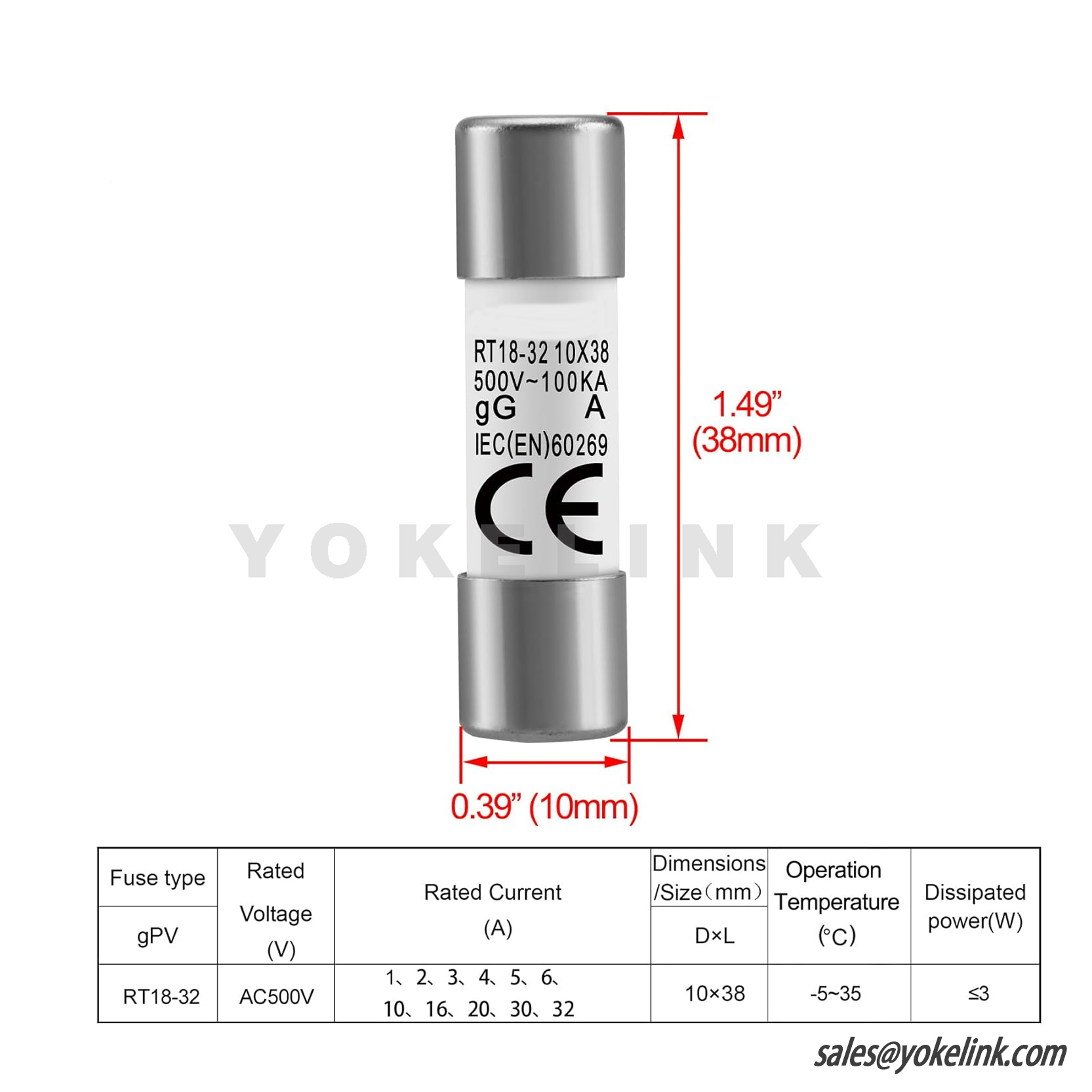 Cylindrical Ceramic Tube Fuse Link RT18-32 (RO15) 10 * 38 mm 4A 500V CE