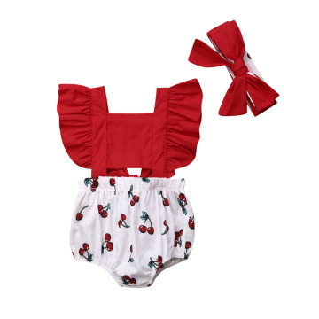 Baby Clothes 2Pcs Newborn Infant Baby Girl Ruffle Cherry Sleeveless Bodysuit Sun Outfit Summer