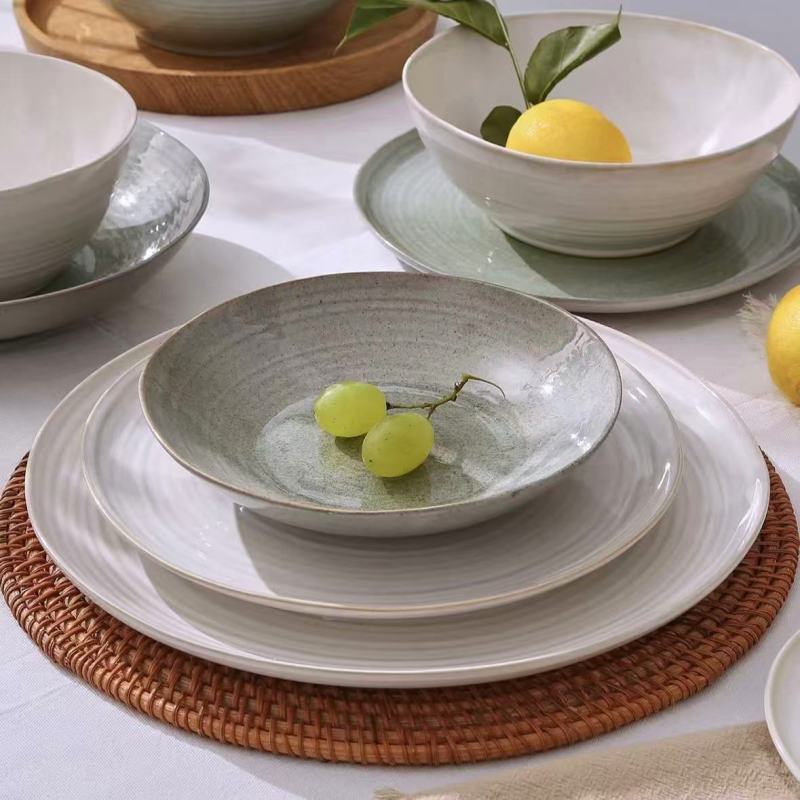 Asian-Inspired Dinnerware Set with Gray-Green Bowls and Plates