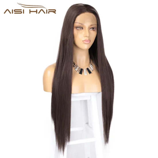 Aisi Hair Hot Selling Long Silky Straight Brown Wig Middle Part Swiss Lace Wig Cheap Synthetic Lace Front Wigs For Black Women