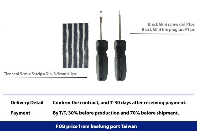 Black mini tire plug kit contains tire repair plugs