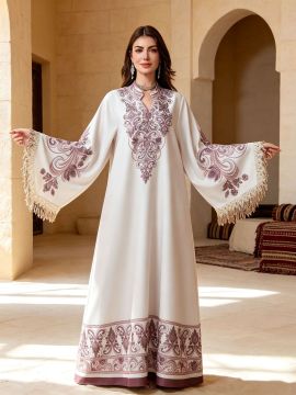 Kristal Süslemeli ve Püsküllü Baskılı Abaya Elbise