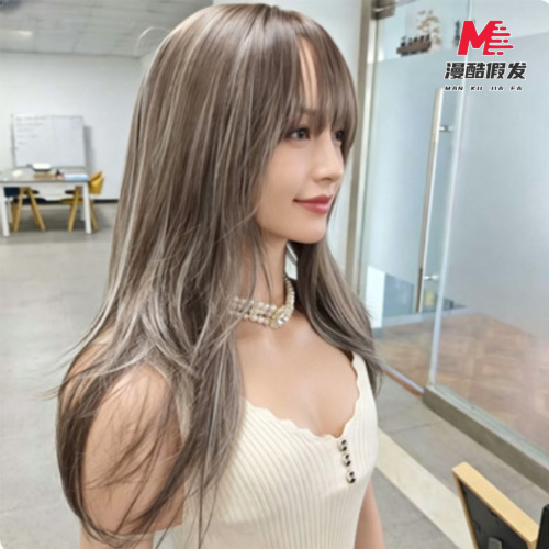 Long Straight Ash Brown Synthetic Wig with Bangs 5