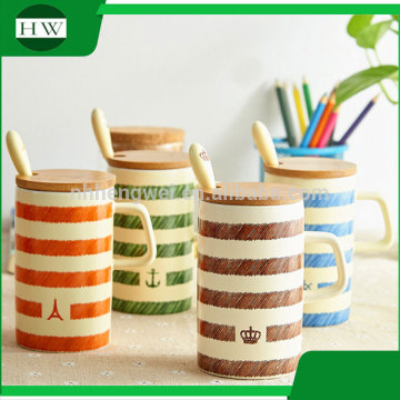 colorful custom stripe ceramic water tea milk coffee cup mug with handle and wooden lid and spoon