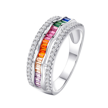 Classic Wave Design Colorful 5A Cubic Zirconia Emerald Cut Ring in 14K Gold Plated 925 Sterling Silver