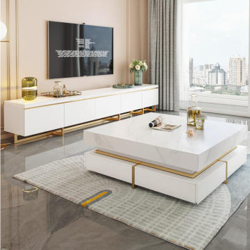 Luxury Modern Square Coffee Table TV Cabinet Combination with Light - Italian Family Furniture Set