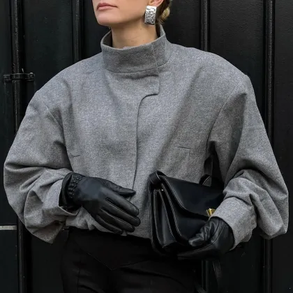 2024 Women's Woolen Gray Long Sleeve Irregular Jacket with High Collar