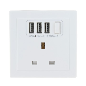 White UK 13A Wall Socket with 3 USB Ports and Intermediate Switch