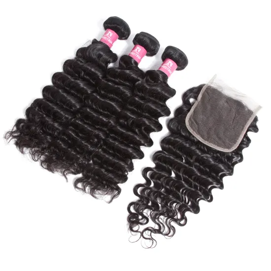Cambodian Virgin Hair Closure,Bundles Deep Wave Closure And Bundles For Brazilian White Woman
