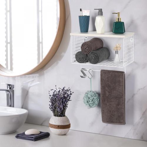 White Metal Mesh Bathroom Storage Shelf with Hooks