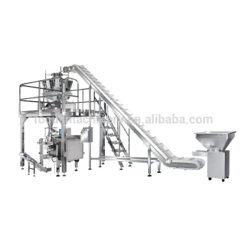 inclined belt packaging system with working platform and finished product conveyor