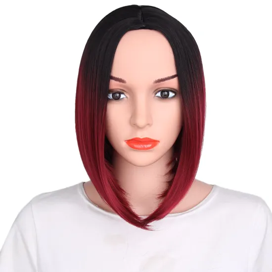 Vendor high quality premium wholesale Ombre red short straight wavy hair synthetic heat resistant wig lace front black women