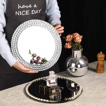 SNW Customized Fancy Clear Glass Charger Plates with Diamond Crystal Mirror Jewels