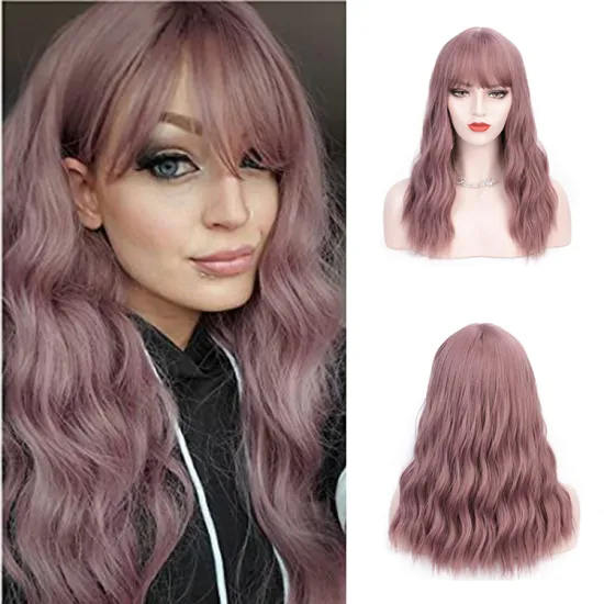 Purple Color Long Wavy Middle Part Hair Heat Resistant Cheap Wig With Bangs Synthetic Fiber Hair Wigs For Women