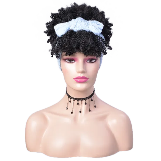 Wholesale Ombre Turban Short Synthetic Headband Wigs Afro Wig Kinky Curly Synthetic Wig With Headband Attached For Black Women