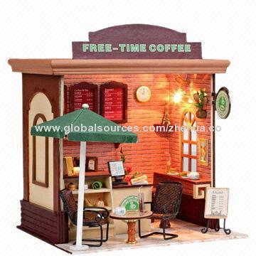 Coffee-time DIY wooden doll house with light and simulation furniture