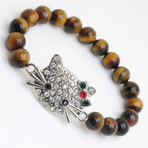 Yellow Tiger eye Gemstone Bracelet with Diamante alloy cat head Piece