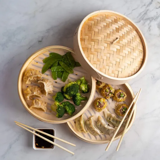 10 Inch Natural Bamboo Steamer Basket Set with Lid and Accessories