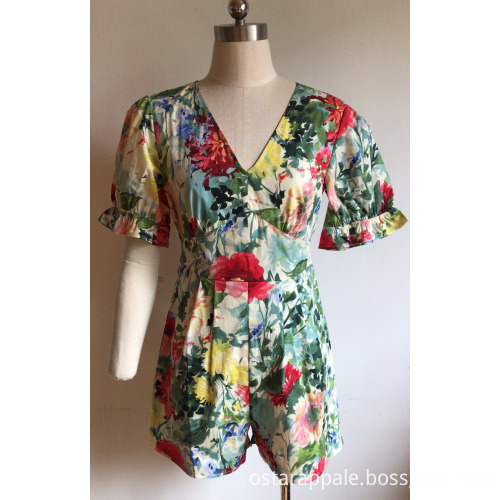 Bubble Sleeve Short Sleeve Cotton Poplin Jumpsuit Shorts