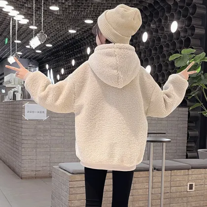 Girls' cashmere hooded sweater winter cashmere thickened coat