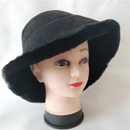 Women's Shearling Sheepskin Hat Winter Fur Bucket Beanie Hat