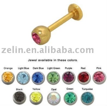 Labret ring Surgical Steel with Gold Plate and Jewel body piercing lip jewelry