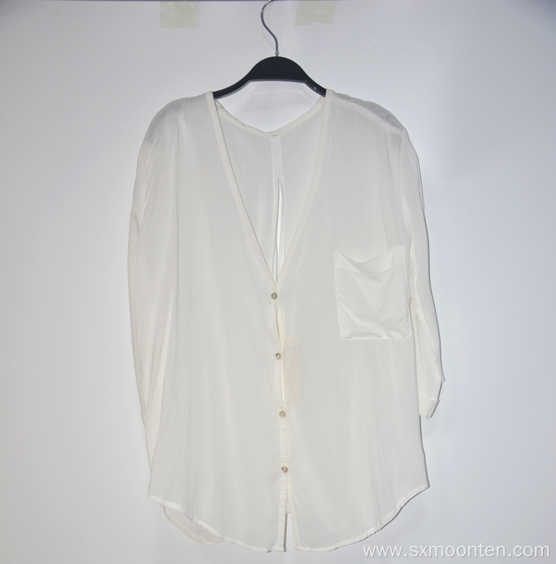 Ladies' Dyed White Silk Chiffon Blouses With Pockets