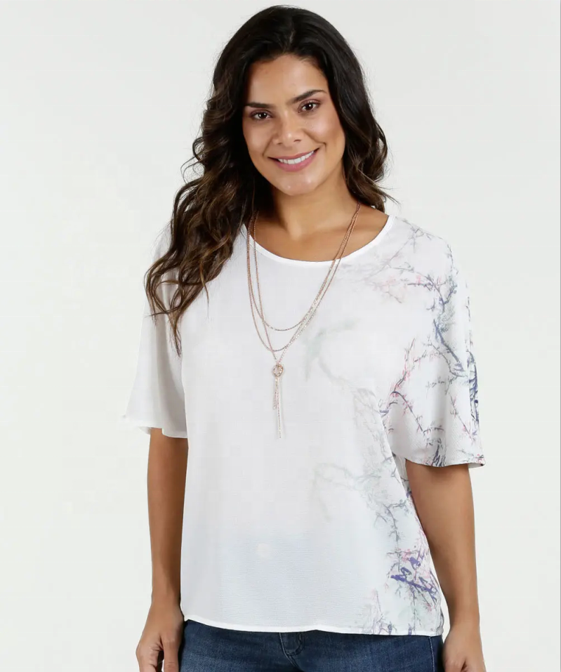 Blusa estampada de chiffon meia manga tops