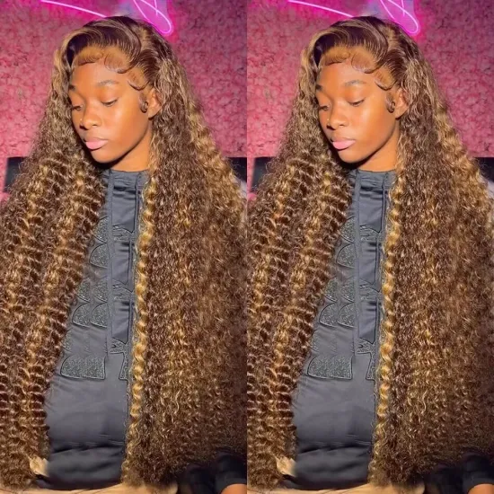 Highlight Ombre Water Wave Lace Front wig 13x4 Lace Front Wig Human Hair HD Transparent 4/27 Honey Blonde with Colored