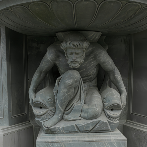 Ornate Stone Fountain with Heraldic Emblems Figural Design