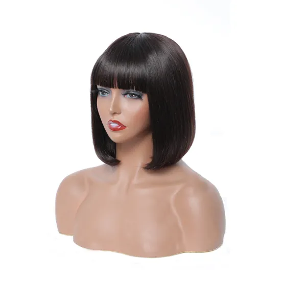 None Lace Wholesale Straight Brazilian Remy Hair Human Hair Wigs For Women Full Machine Made Wig With Bang