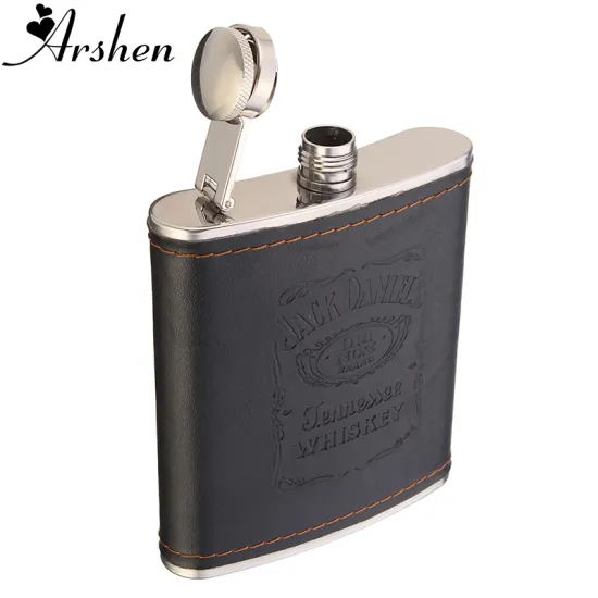 Arshen Top Quality 7oz Stainless Steel Hip Flask Flagon Liquor Whiskey Wine Pot Leather Cover Bottle Travel Tour Barware