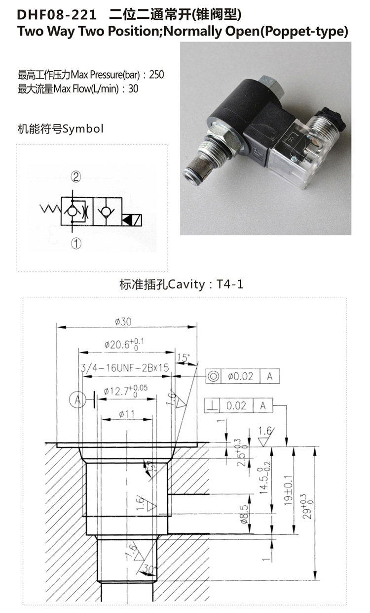 Hydraulic 2/2 Solenoid Cartridge Valve(Normally Open)