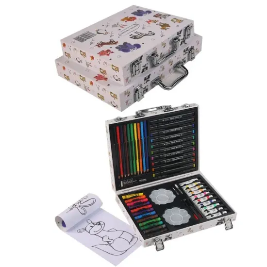 Wholesale Wooden Box Art Drawing Set with Watercolor Pen and Color Pencil for Kids - 64 Pieces