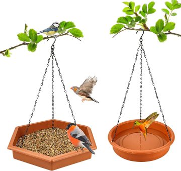 Bañera y comedero de pájaros 2 en 1: comedero para pájaros de plástico colgantes al aire libre con bandeja de agua