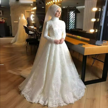 Exquisite Islamic Lace Muslim Wedding Dresses with High Neck and Long Sleeves