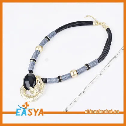 Gold Pendant Bead Chain Necklace Black Stone Necklace