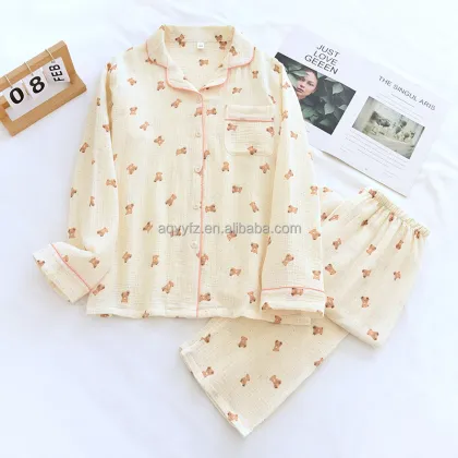 Cartoon Printed Cotton Gauze Pajamas Set for Women - Autumn Long-Sleeved Sleepwear
