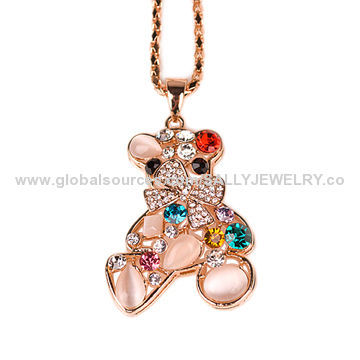 Gold bear opal necklace, made of opal/rhinestones/metal/alloy, available in various colors