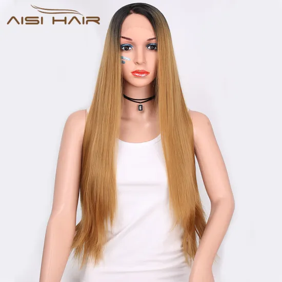 Good Quality Long Silky Ombre Root Brown Dark Straight Wig  Lace Frontal Wig Natural Wave Front Lace Hair Wigs For Women