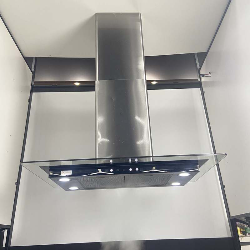 LED Ultra-Quiet with Blower Island-Mount Range Hood 940CFM Black Glass Stainless Steel Vent Hood Modern Europe Exhaust Hood