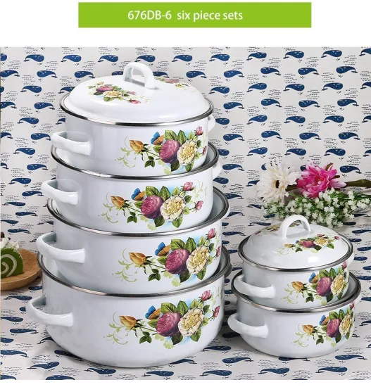6PCS Set White Flower Enamel Casserole, Enamel Pot Set