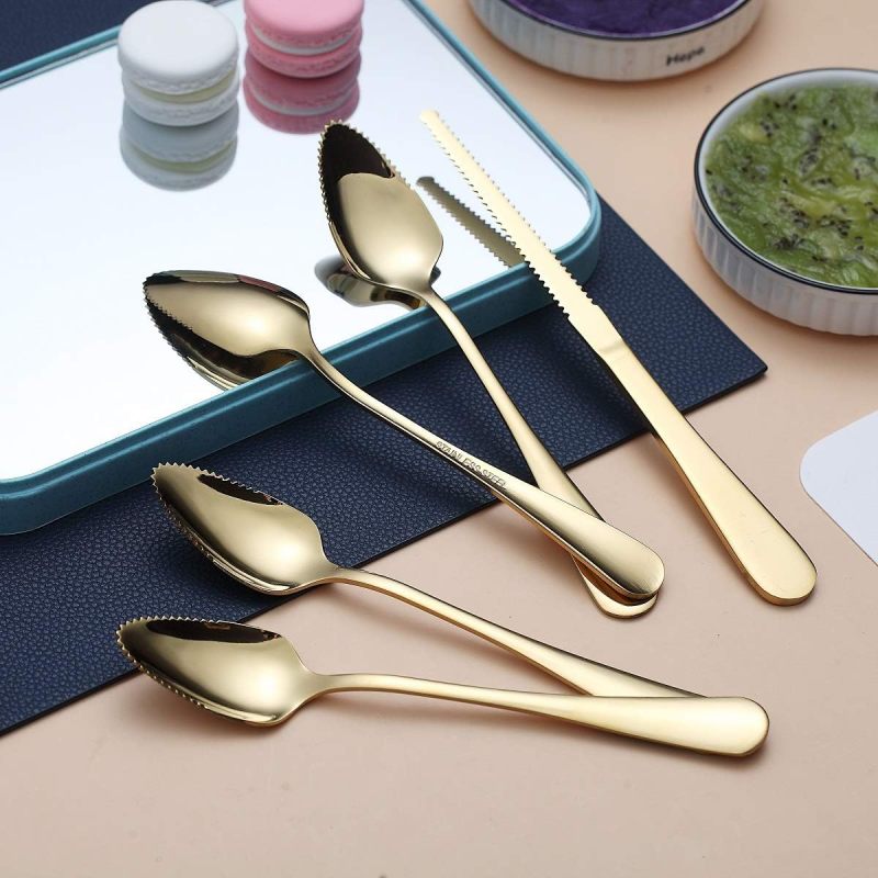 Gold Grapefruit Spoons 5 Pieces Set, 4 Stainless Steel Grapefruit Spoon And 1 Grapefruit knife With Titanium Plating