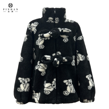Warm Fall Winter Fur Coat for Women - Loose Lambswool Jacquard Print Sherpa Fleece Jacket with Pockets